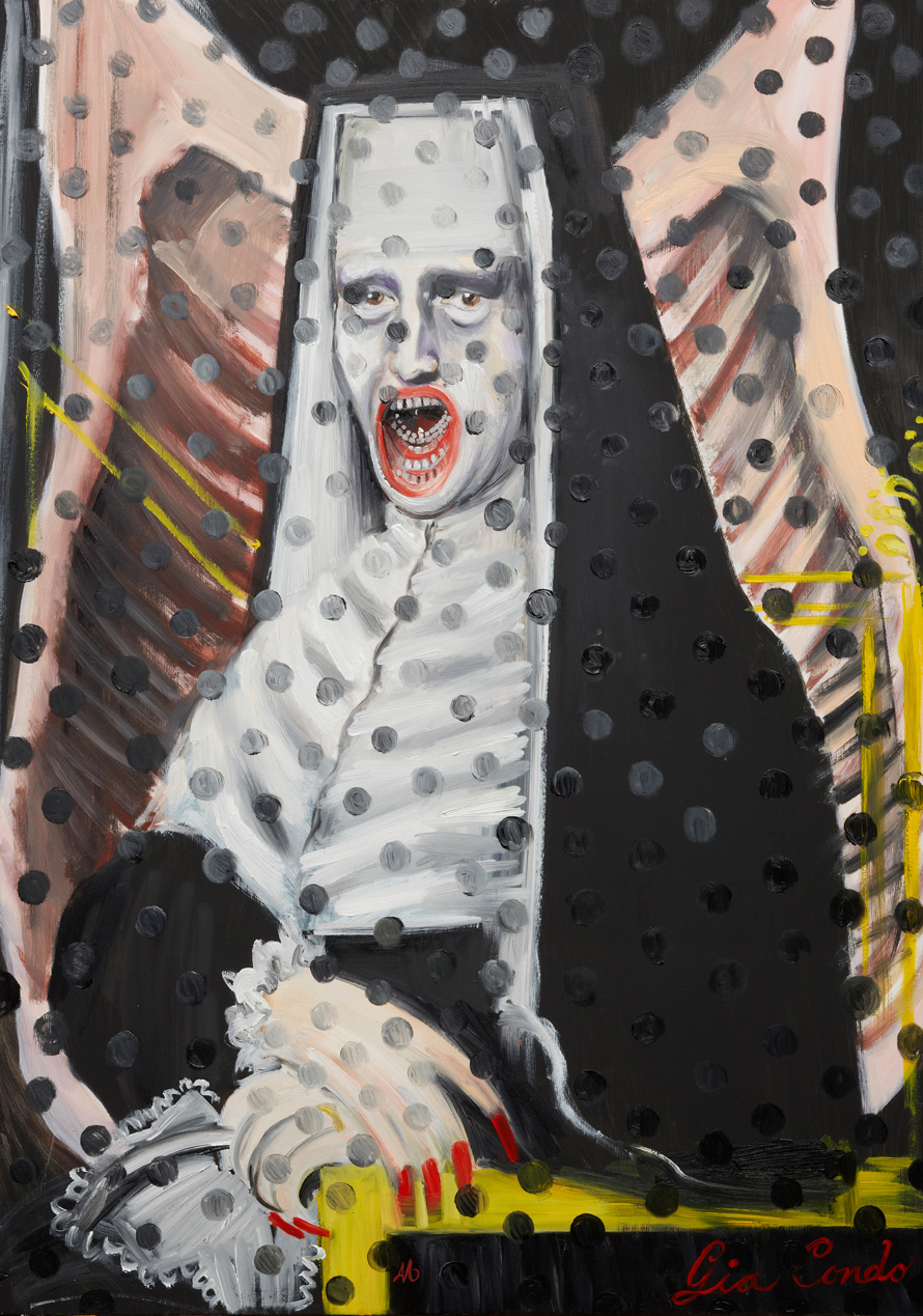 <em>Gia Condo Untitled No.3: Self Portrait as Mona Donna, Nun Innocent X, Nun in Ex Cathedra, Self Portrait as Me as my Mother, Study after Pope Francis Bacon, The Carcass of Velazquez, Year of the Polka Dot</em>, 2012. Oil on poplar panel, 30 x 21 inches.