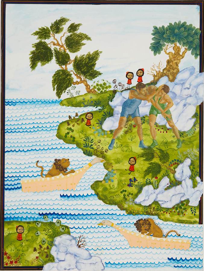 Wrestlers in Russian Two on one with Happy Worriers, 2011, gouache on panel, 12 by 9 inches