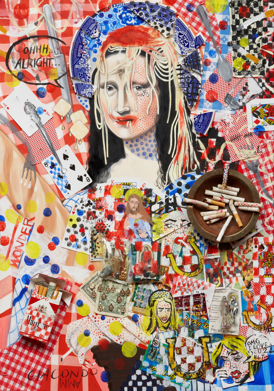 <em>Gia Condo Untitled No. 10: Self Portrait as Mona Francesca: Ohhh Alright, The Main Course</em>, 2012. Oil and acrylic, broken plate, ashtray, Marlboro cigarettes, deck of cards, lotto, scratch tickets, talismans, and dollar bill on poplar panel, 30 x 21 inches.