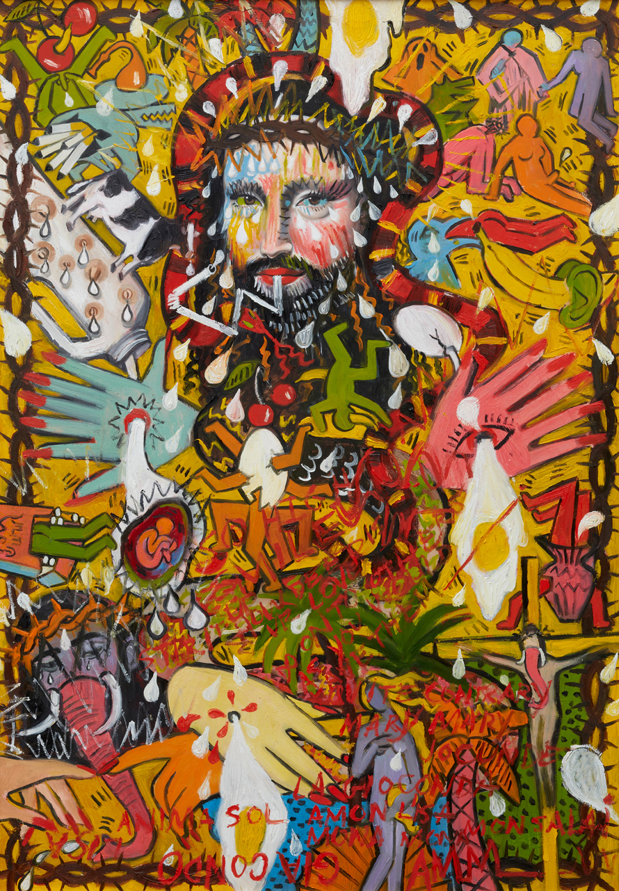 <em>Gia Condo Untitled No. 6: Self Portrait as Mona Jesus, The Kaleidoscope, The Polytheist in The Garden of Heavenly Harings with Egg Stigmatas through The Hands of Life and Sacred Lactation Pooring on Pop Colors (Everybody plays The Fool, No exception to the Rule!)</em>, 2012. Oil on poplar panel, 30 x 21 inches.