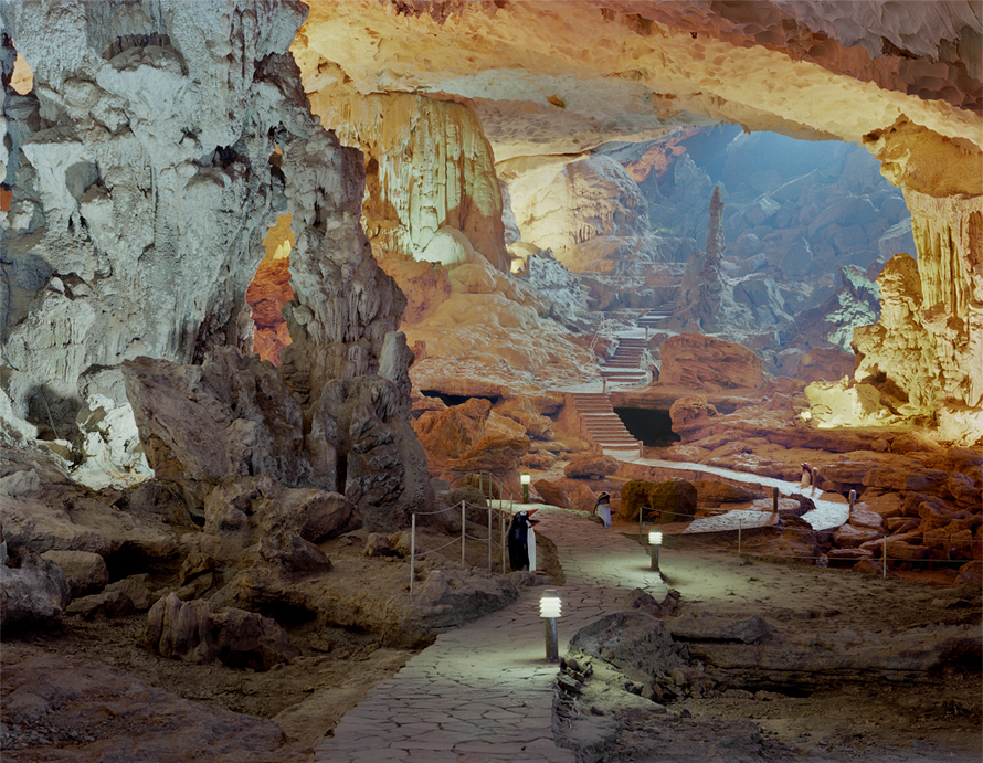 <em>Dau Go Cave Interior With Penguin Trash Cans, Viet Nam.</em> Custom light box, 30 x 40 inches.