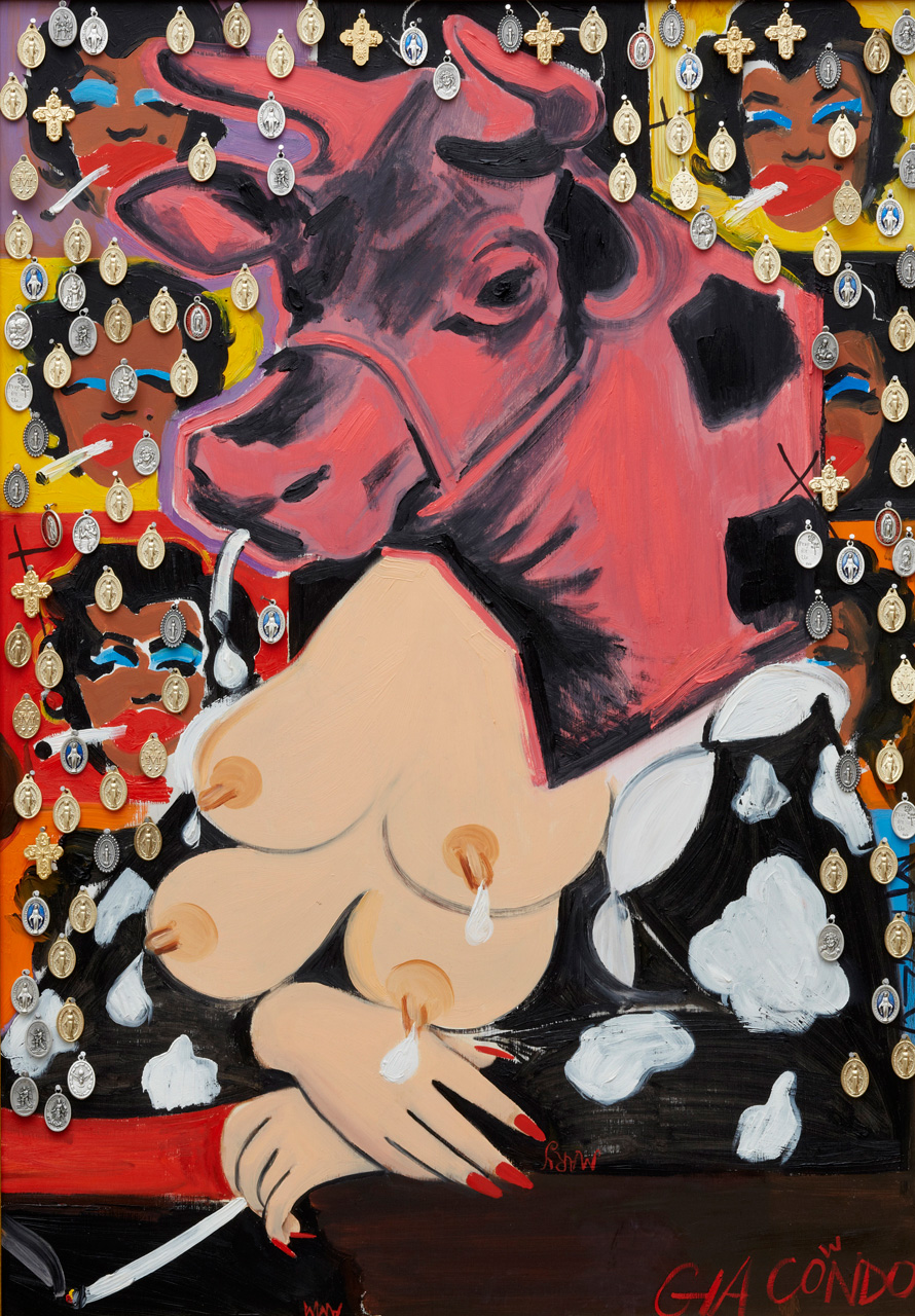 <em>Gia Condo Untitled No.4: Self Portrait as Moo-na, the Pregnant Factory Girl with the Sicilian Marilyns and the Saint Medallions</em>, 2012. Oil, nails, saint medallions on poplar panel, 30 x 21 inches.