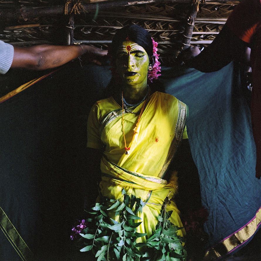 Jagada Guru, a kothi from Devanapattinam, prepares to play the goddess Amman in the
Mayanakollai festival, put on in Devanapattinam by a group that included several kothis. March 2013.