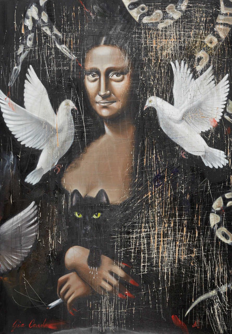 <em>Gia Condo Untitled No. 7: Self Portrait as Mona Robra, Paloma, Venusa, Rosa, Mystica, Bruja, Negrita...Don’t turn your back on me, baby...Mess around with your tricks...Wake up your magic sticks...I got a powder keg face...My wig's all looped for you...I’m all souped for you...Keep your 'Lectric High on me Babe (The Black Magic Woman, The Black Mona Lisa, The Black Virgin Maria, The Black Cat that never crossed my path but scratched me wicked bad)</em>, 2012. Oil and dust on poplar panel, 30 x 21 inches.