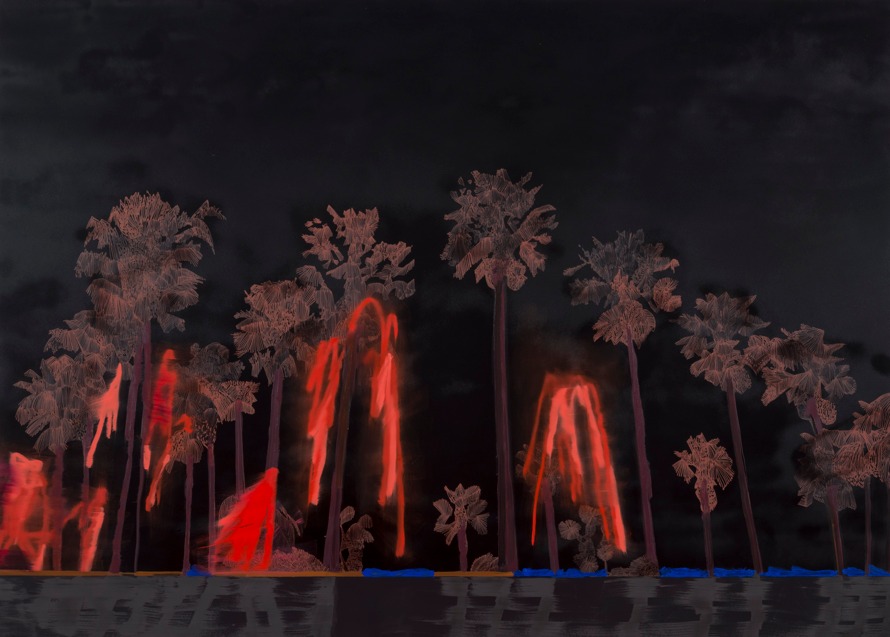 Whitney Bedford, <em>Black Lala Land/Red Fireworks</em>, 2014. Ink and oil on canvas on panel, 60 x 84 inches. Photo: Evan Bedford. Courtesy the artist and Carrie Secrist Gallery, Chicago.
