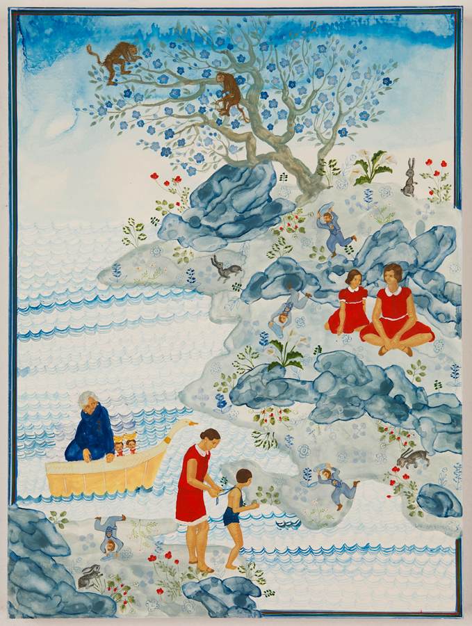 Ambassadresses in Red Dresses y Embajadoras en Londres, 2011, gouache on panel, 12 by 9 inches