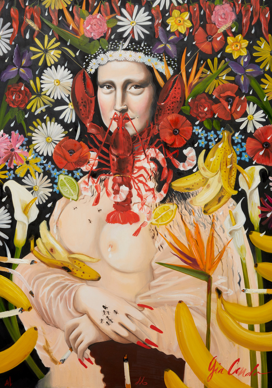 <em>Gia Condo Untitled No.1: Self Portrait as Mona Gloria, Vanna, Bananana (Flava Flav)</em>, 2012. Oil on poplar panel, 30 x 21 inches.