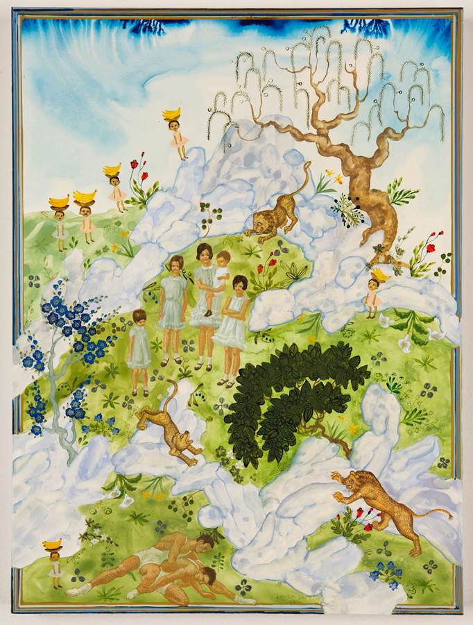 Aspects of La Vida Inglesa with Chiquita Girls and Calla Lilies, 2011, gouache on panel, 12 by 9 inches