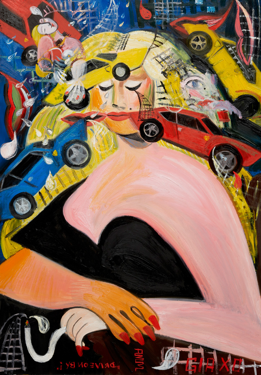<em>Gia Condo Untitled No. 11: Self Portrait as Mona Dolce Vita, Anita, Rita, Dita (I just can’t get over losing you and so if I seem broken and blue, drive on by...)</em>, 2012. Oil on poplar panel, 30 x 21 inches.