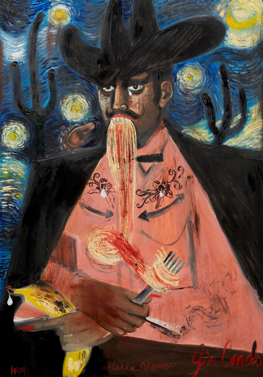 <em>Gia Condo Untitled No. 8: Self Portrait as Mona Vincenza (as a Mexican cowboy thief in an Italian Spaghetti Western on a Dutch Starry Knight with a bananana instead of your Colt 45, My ear instead of yours, your gut instead of mine)</em>, 2012. Oil on poplar panel, 30 x 21 inches.
