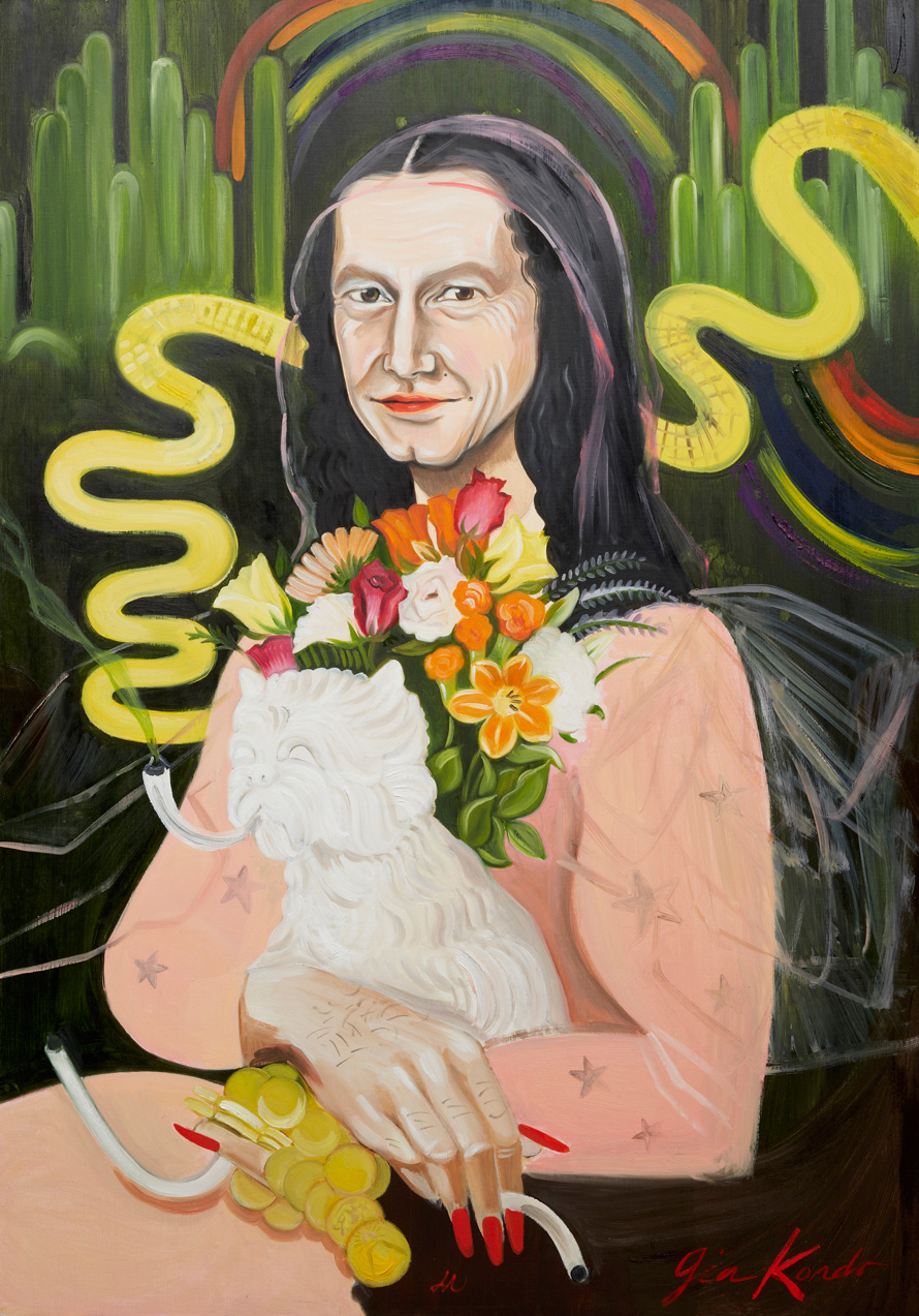 <em>Gia Condo Untitled No. 5: Self Portrait with Emerald Smoke as Mona Glinda as Jeff Koons as the Wizard of Oz as the Rainbow as Dali as Mona Lisa as da Vinci as La Gioconda as Me as Gia Condo as You as Me</em>, 2012. Oil on poplar panel, 30 x 21 inches.