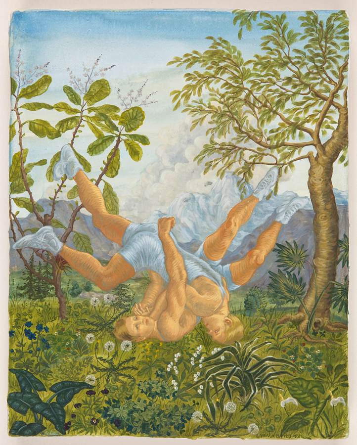 Wrestler Scores Backpoints in Macando, 2012, gouache on canvas, 10 by 8 inches
