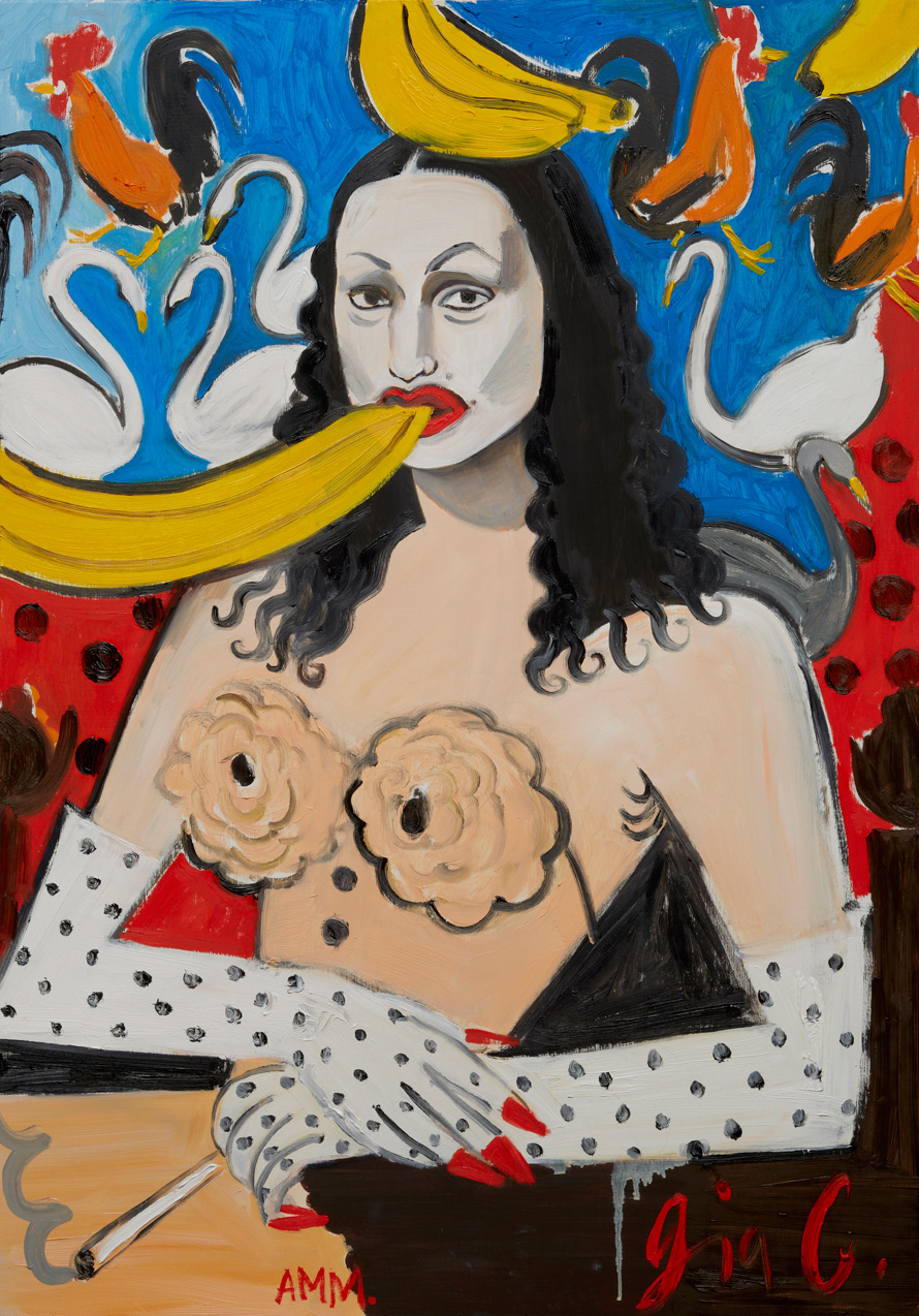 <em>Gia Condo Untitled No.2: Self Portrait as Mona Leda and the Banananas, the Swan, the Rooster and the Eyebrows</em>, 2012. Oil on poplar panel, 30 x 21 inches.