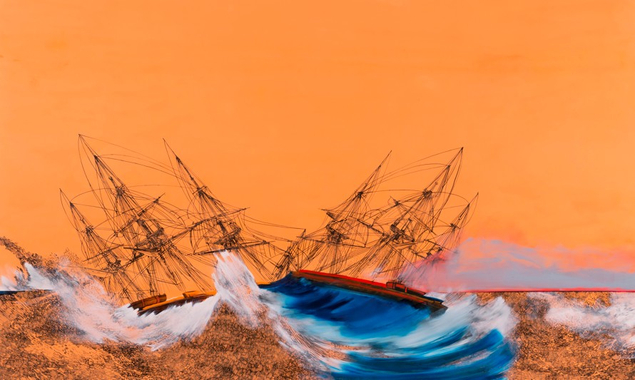 Whitney Bedford, <em>Ships (Inviting Catastrophe)</em>, 2014. Ink and oil on canvas on panel, 72 x 120 inches. Photo: Evan Bedford. Courtesy the artist and Carrie Secrist Gallery, Chicago.