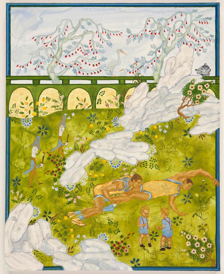Gold Leaf Wrestlers and Head Honchos and Two Baby Pilis, 2011, gouache and gold leaf on panel, 10 by 8 inches