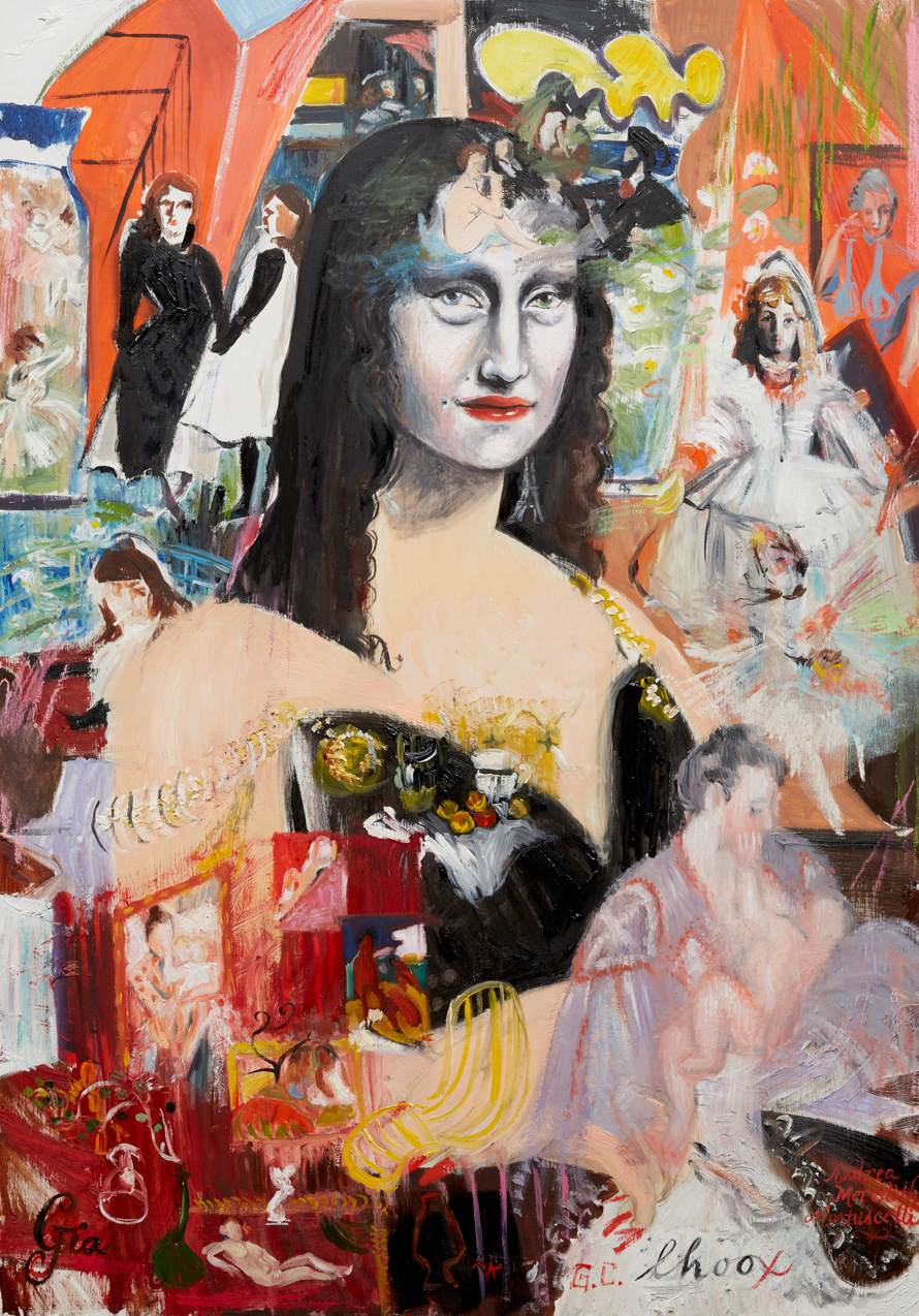 <em>Gia Condo Untitled No. 12: Self Portrait as Mona Andrea, The Impressionist, The Reversed Daughter, The Student, The Sister, The Niece, The Menina, Florence Valeria Veronica Meredith Martuscelli, The American in Paris, This old heart of mine, Bringing you back again to Il pleure dans mon coeur, Comme il pleut sur la ville, and Mary Cassatt in The Garden of Sacre Couer at night with a Wolf, and Madame L.H.O.O.X. covered in powder in The Red Room, High on Dejeuner Sur L’Herb, and (For My Godmother)</em>, 2012. Oil and chalk pastel on poplar panel, 30 x 21 inches.
