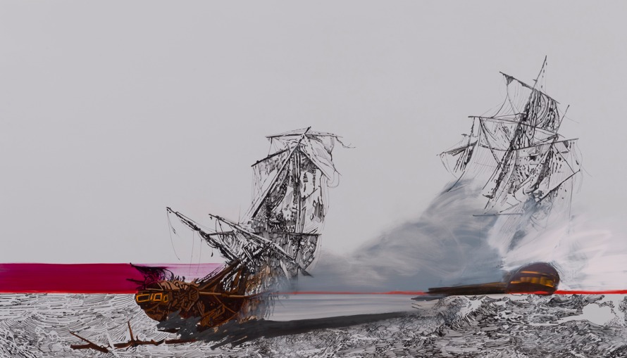 Whitney Bedford, <em>Ships (Shadow and Smoke)</em>, 2014. Ink and oil on canvas on panel, 48 x 84 inches. Photo: Evan Bedford. Courtesy the artist and Carrie Secrist Gallery, Chicago.