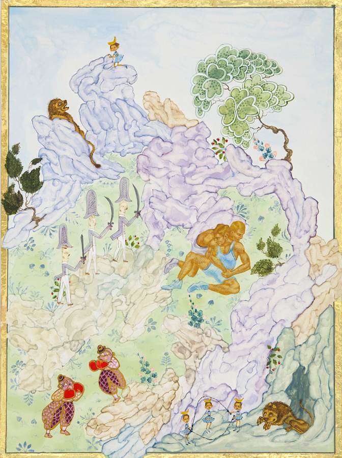 Wrestlers with Lion Cave, 2011, gouache and gold leaf on panel, 12 by 9 inches