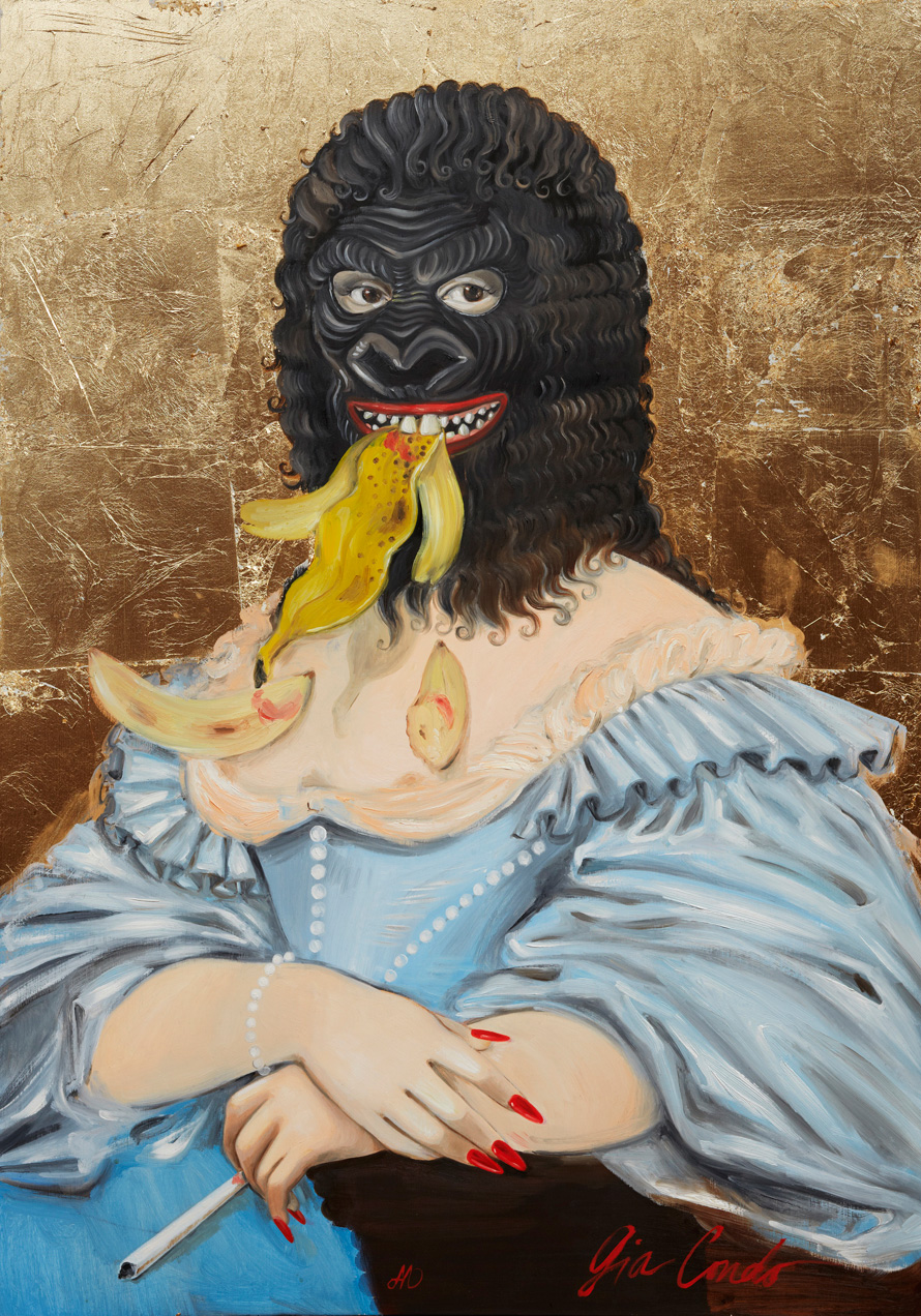 <em>Gia Condo Untitled No. 13: Self Portrait as Mona Guerilla, Gold Digger, The Queen’s Mistress</em>, 2012. Oil and gold leaf on poplar panel, 30 x 21 inches.