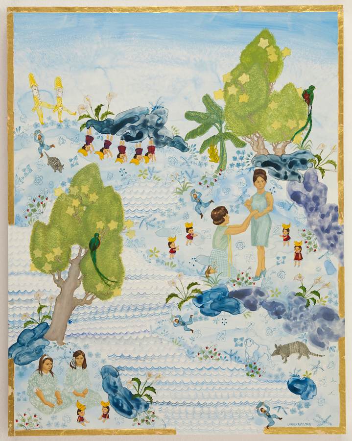 The Fitting of Tia Silvia by Her Excellency, with Armadillos and Quetzals, 2012, gouache and gold leaf on panel, 14 by 11 inches