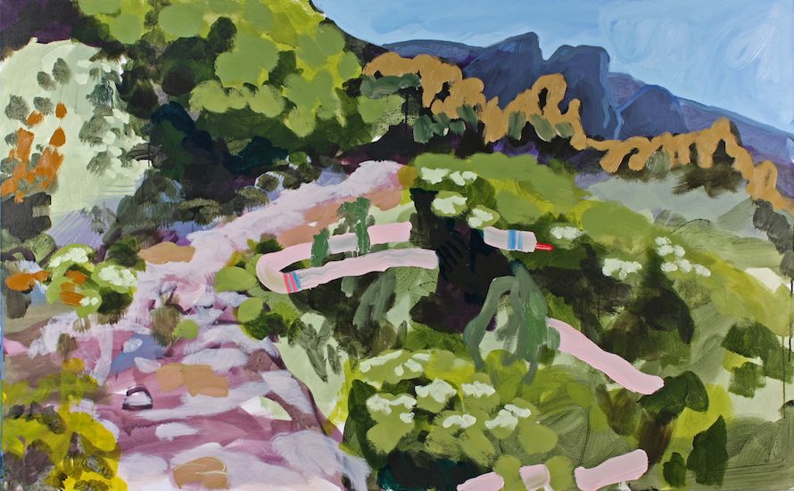 Four Mile Trail 1 (Soft Animal in Pink & Turquoise Stripes), 2013. Oil and acrylic on canvas, 36 x 58 inches. From the series 