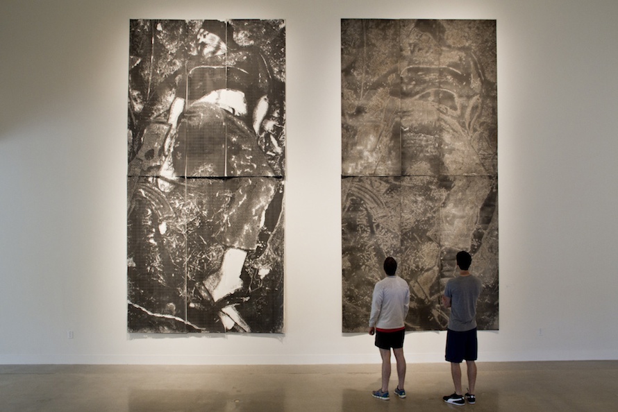 “Cuerno de chivo,” 2012, hand-drilled paper with layered Xerox, hand-drilled tar paper with drywall dust, 8 feet wide x 26 feet tall (each)