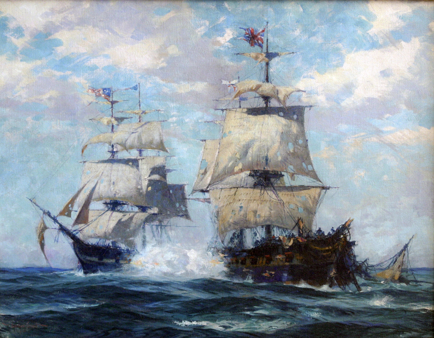 Gordon Grant (1875-1962), U.S.S. UNITED STATES Bombards H.M.S. MACEDONIAN, 1926. Oil on canvas, 28 x 36 inches.