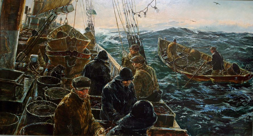 Jack L. Gray (1927-1981), The Grand Banks Schooner, c. 1950. Oil on panel, 33 x 60 inches.