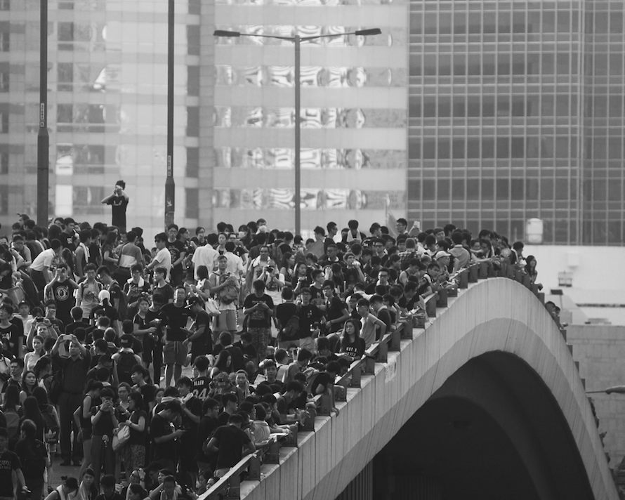 Protesters camp on a bridge in Central.