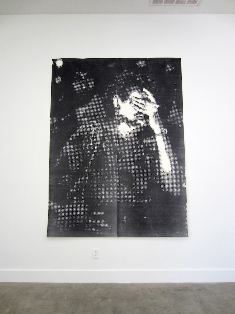 “La matanza del Centro Aliviane,” 2014, hand-drilled paper with layered Xerox, 58” x 44”