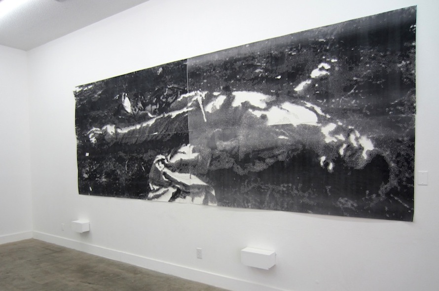 “De brazes abiertos,” 2014. hand-drilled paper with layered Xerox, 72” x 192”