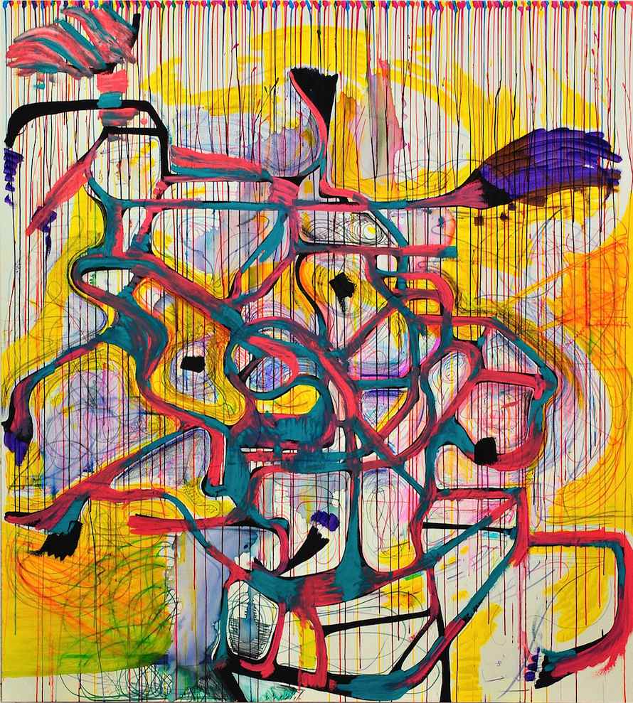 Untitled, 2014, oil, oil crayon, acrylic and ink on canvas, 90 x 80 inches