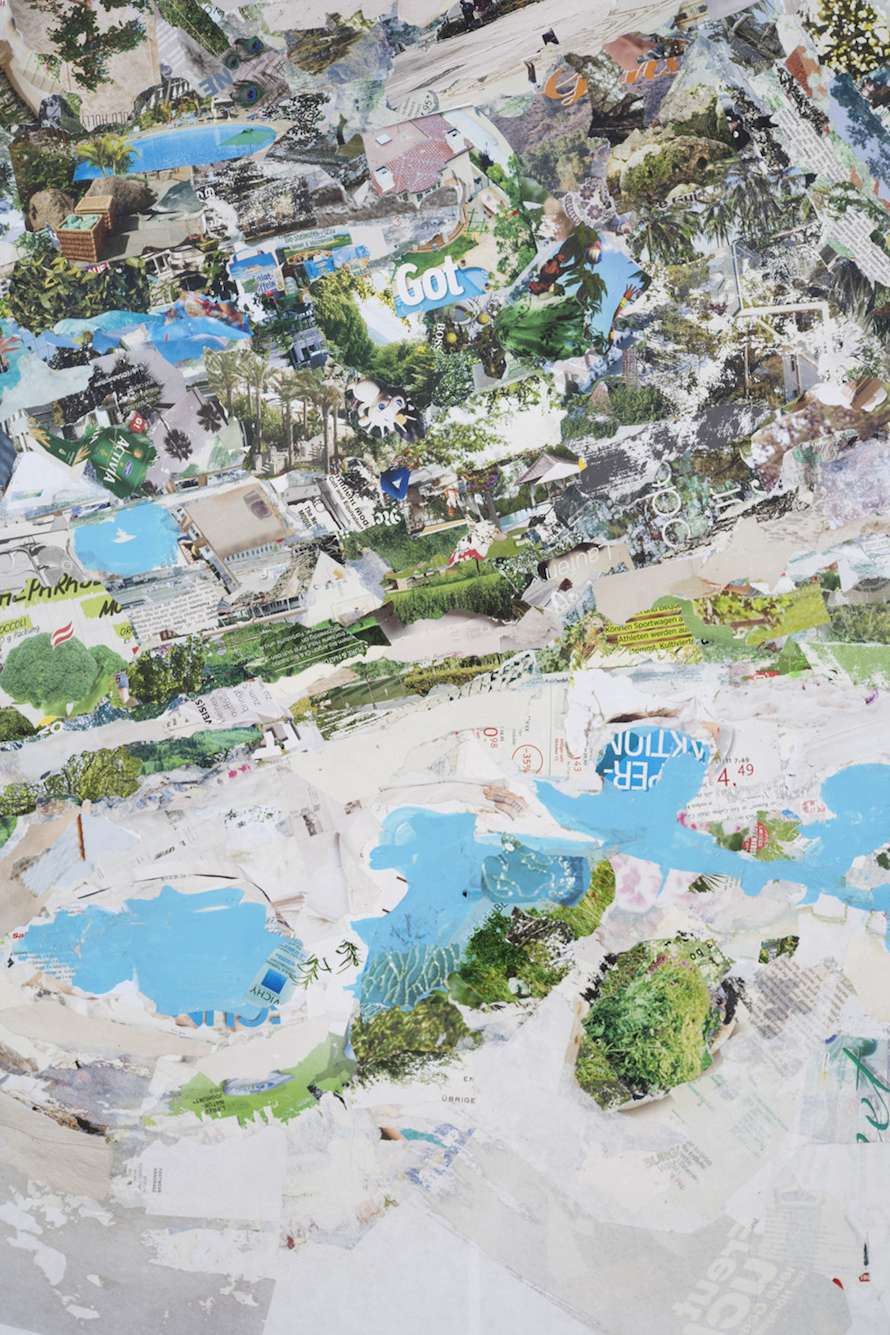 Live, Survive, Protect (detail), collage, printed matter on canvas, 55.1 x 78.74 inches