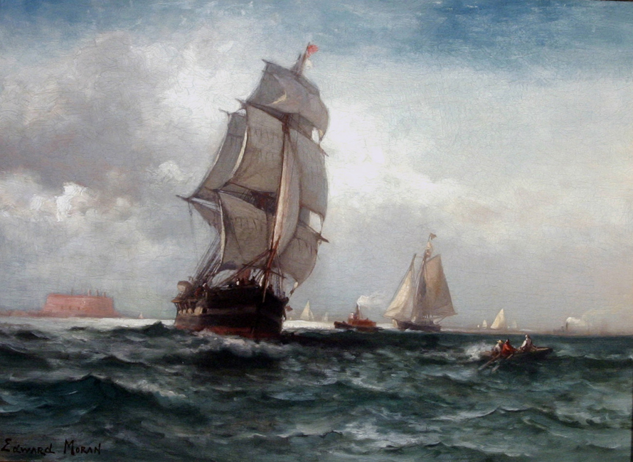 Edward Moran (1829-1901), Shipping Off Governor's Island, New York Harbor, c. 1870. Oil on canvas, 16 x 22 inches.
