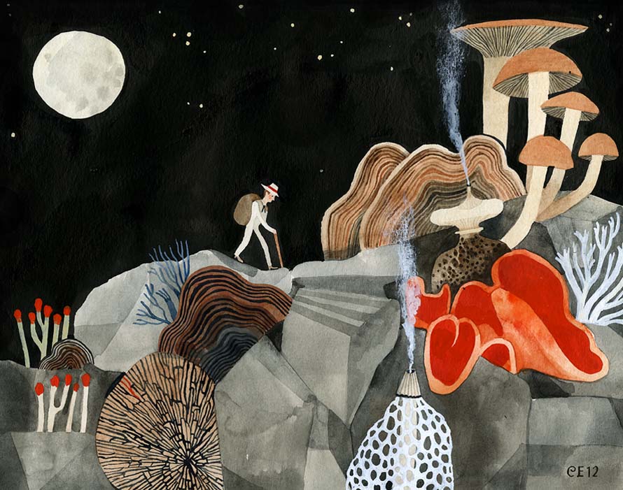 Mousseron Midnight of Munan Bjørgulfsson, gouache and ink on paper, 8 x 10 inches