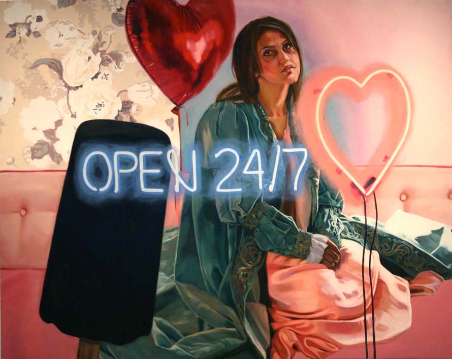 She Is Open 24 Hours a Day, Seven Days a Week, 2012. Oil on linen, 56 x 66 inches.