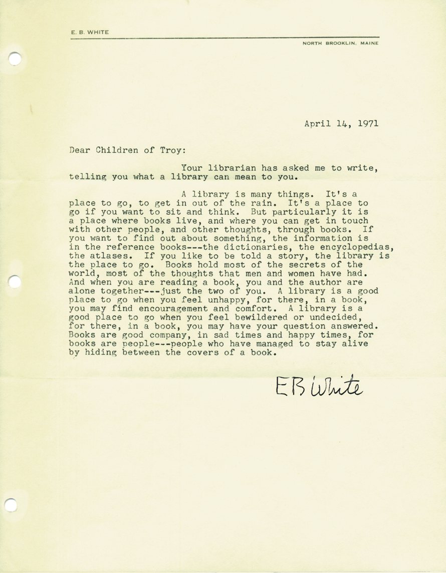 Letter from author E.B. White to Marguerite Hart, the first children's librarian at the Troy Public Library in Troy, NY. 