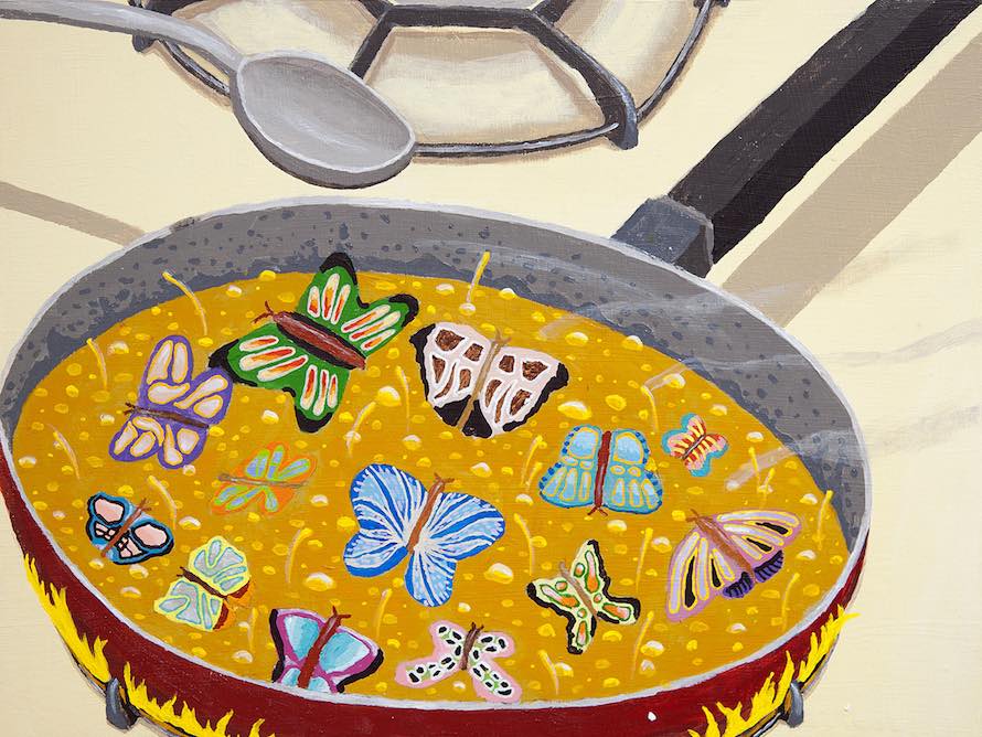 Frying Butterflies, 2014, acrylic on panel, 12” x 16”
