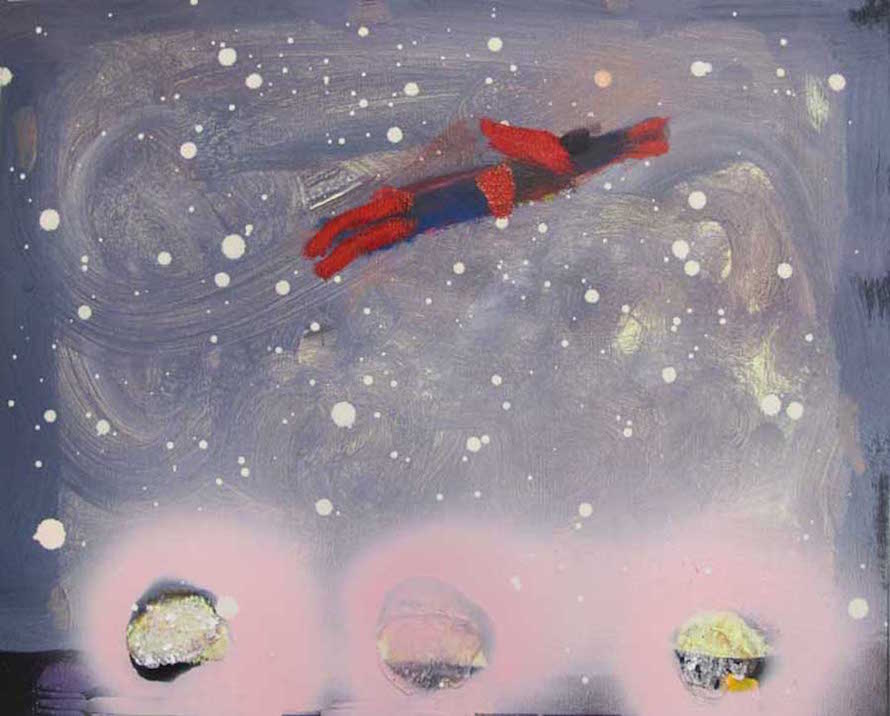 Superman Flight, Gray Sky, 2014, acrylic and collage on canvas, 16” x 20”, courtesy of Adams and Ollman, Portland, Ore.