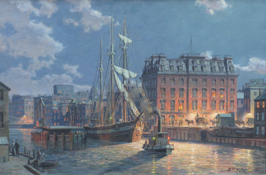 John Stobart, Huron Street Bridge by Moonlight, 1997. Oil on Canvas, 12 x 18 inches.