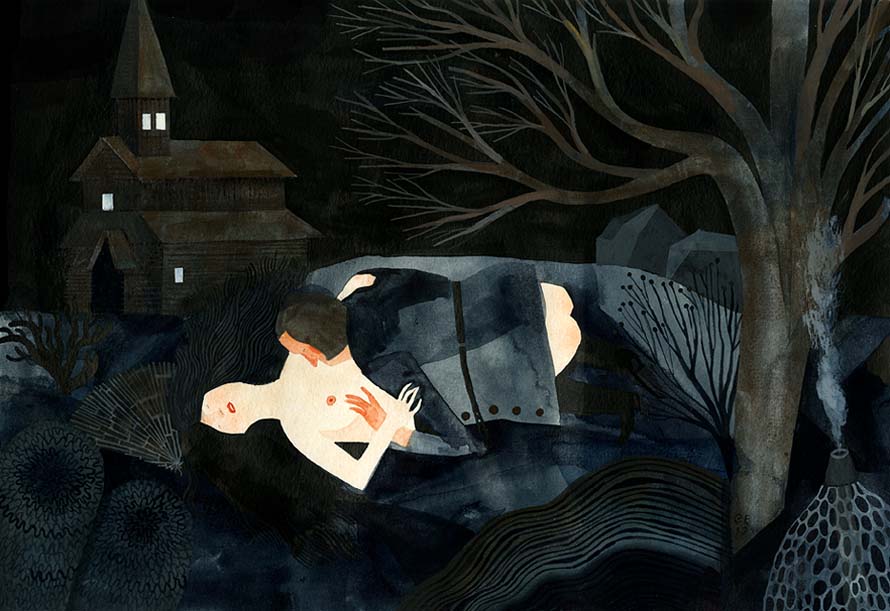 The Moon Went Behind the Clouds, gouache and ink on paper, 8 x 12 inches