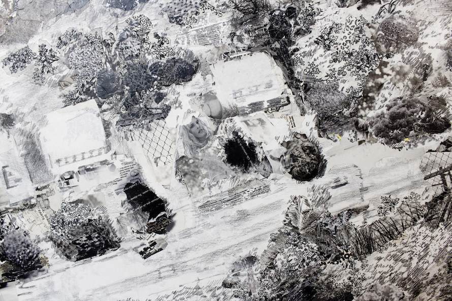 Truth Takes a Holiday (detail), collage, printed matter and drawing on Toile