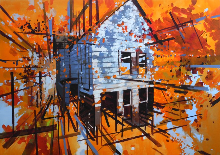 Untitled (House with Orange Leaves), 2013, oil on canvas, 50 x 70 inches