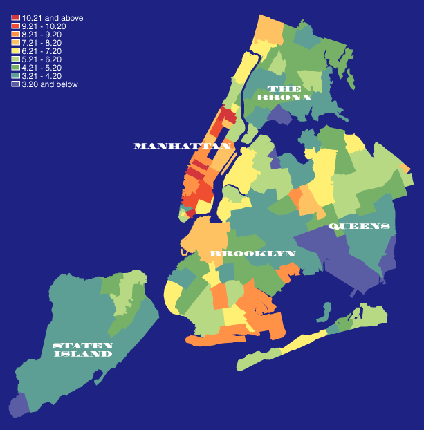 The Bohemian Index is determined as follows: [(% of persons 18?24 with some college or associate degree or higher) + 7(% of persons 25+ with a bachelors degree or higher)] / [median household income in dollars] (Data: 2000 U.S. Census)