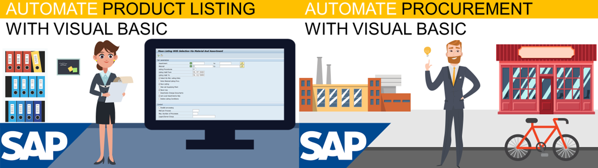 The image highlights the automation of product listing and procurement processes using Visual Basic in SAP. On the left, a woman is shown using SAP to list products, and on the right, a man is automating procurement processes. The images emphasize using visual basic scripts to streamline repetitive tasks in enterprise systems like SAP to improve productivity in supply chain management.