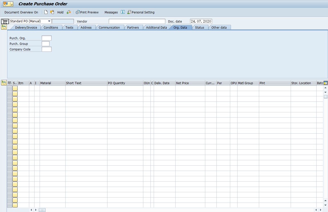 This screenshot shows the SAP “Create Purchase Order” (PO) screen (ME21N transaction). The form contains fields such as Purchase Organization, Purchase Group, and Company Code. Below the form