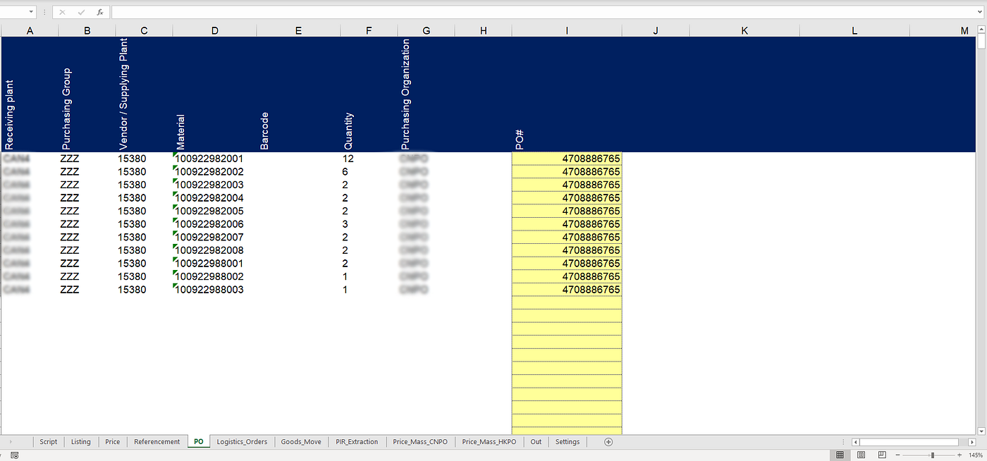 This image shows an Excel spreadsheet that will be used for input into the SAP automation script. The columns include data like Receiving Plant, Purchasing Group, Vendor Code, Material Code, 