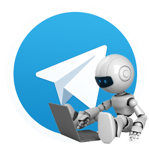 An icon of a robot interacting with a laptop, sitting in front of a large Telegram logo. The robot symbolizes automation, while the Telegram logo signifies the platform used for building a sh