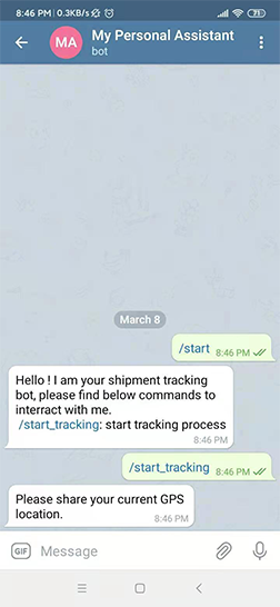 A screenshot of a Telegram chat between a truck driver and a shipment tracking bot. The bot welcomes the driver and provides commands, such as “/start_tracking” to initiate the tracking proce