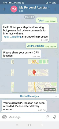 A continuation of the Telegram chat, where the driver shares their GPS location, represented by a map with a red pin. The bot confirms that the GPS location has been recorded and asks the dri